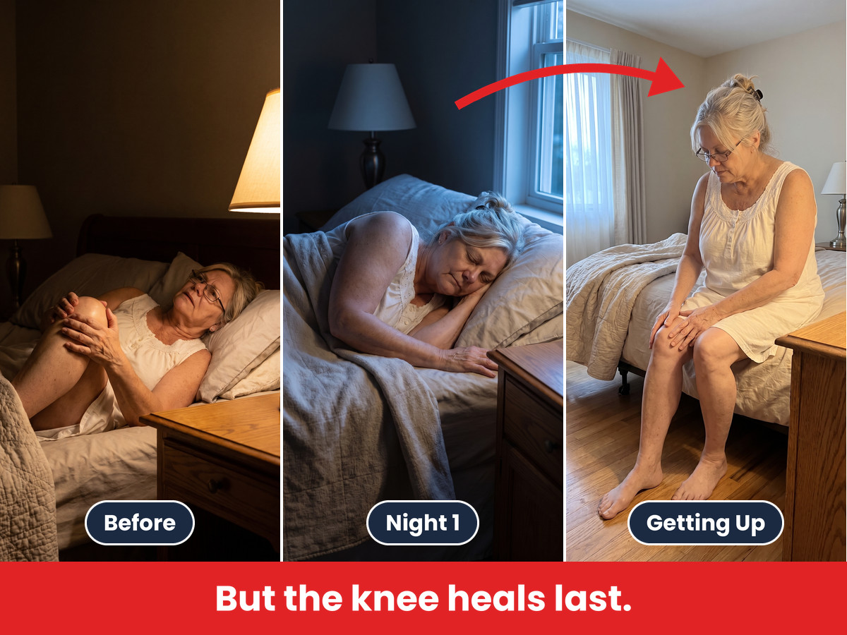 Three moments in her bedroom: awake at night holding her aching knee, asleep on the first night, and on the edge of the bed the next morning with her hands on her knee. But the knee heals last.