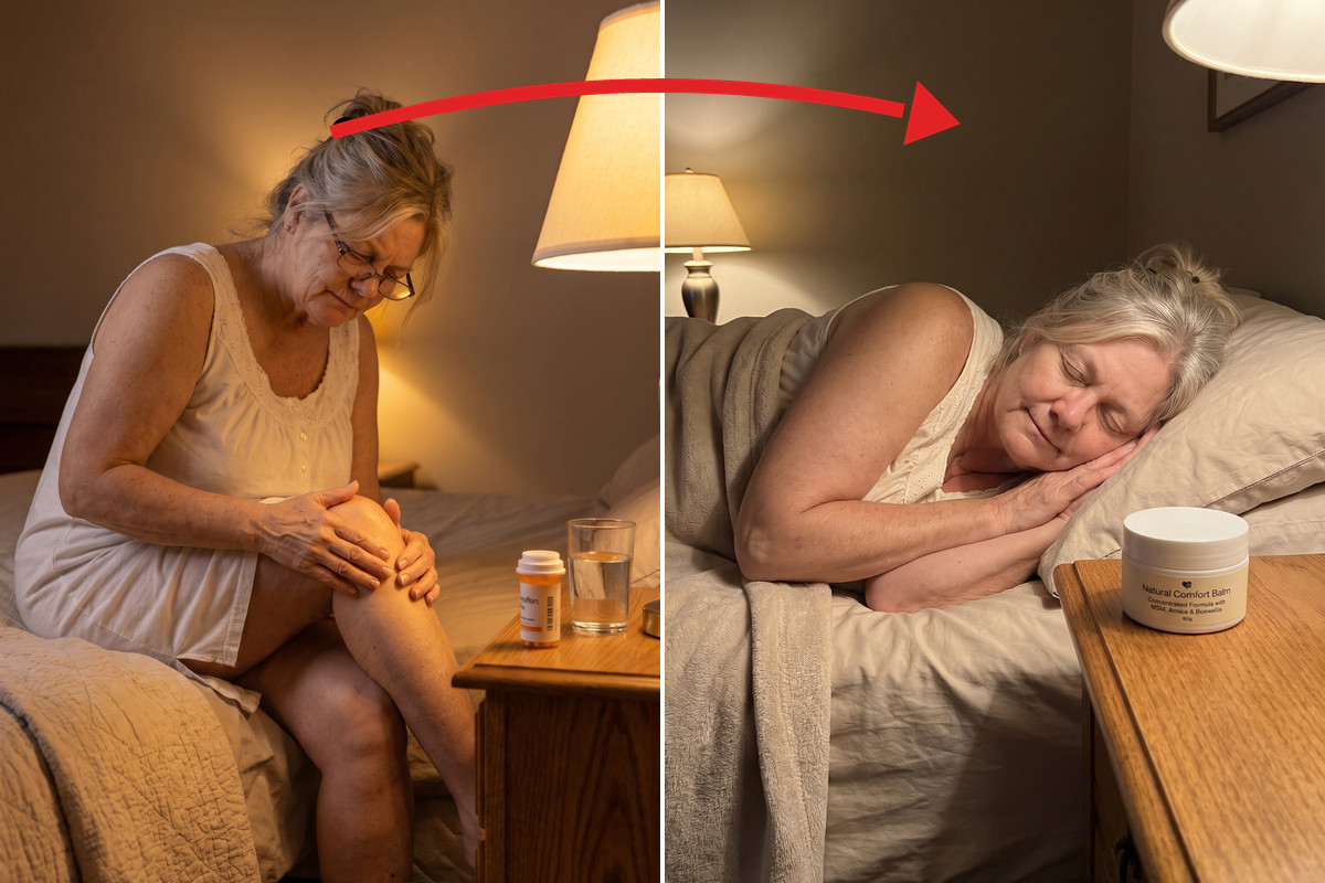 Left: at night on the edge of her bed she holds her aching knee, a pill bottle on the nightstand. Right: asleep later that night, the Comfort Balm jar on the nightstand.
