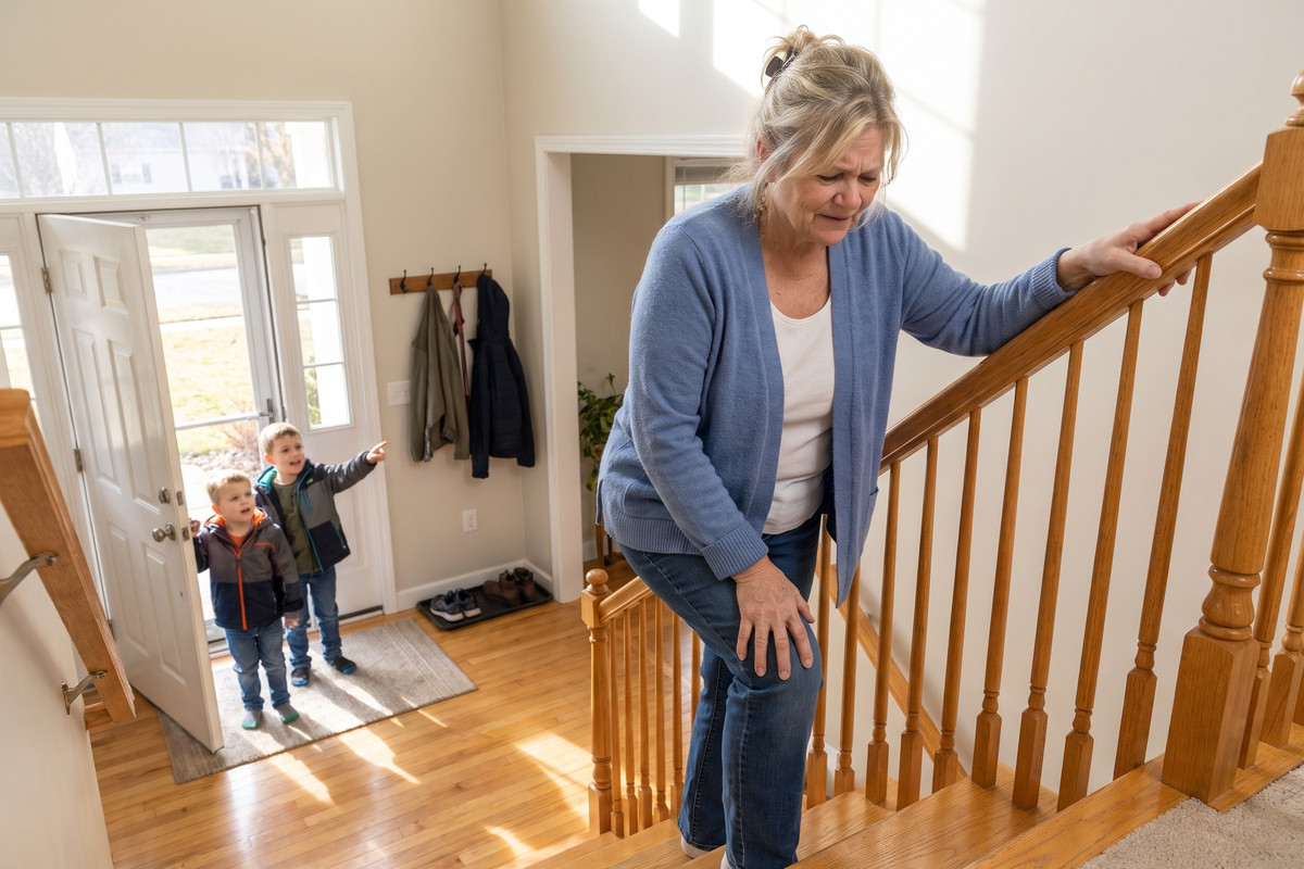 She comes down her stairs gripping the railing, one hand on her knee, while her grandchildren wait at the front door.