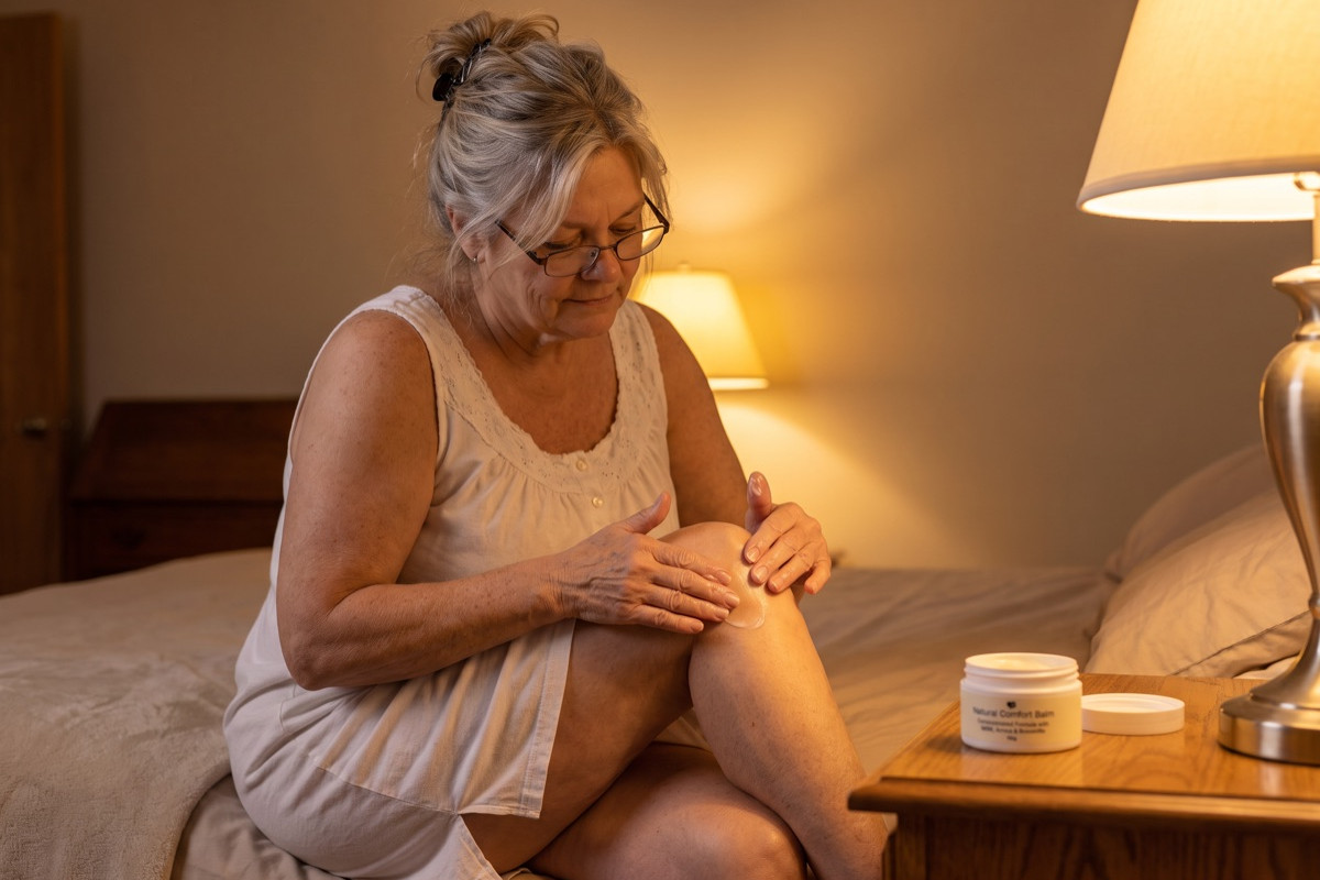 On the edge of her bed by the lamp, she rubs Comfort Balm over her knee, the jar on the nightstand.