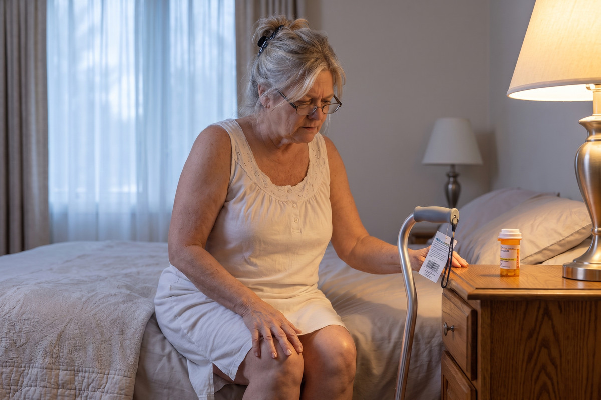 Early morning on the edge of her bed, she looks at a new cane with the store tag still on it, a pill bottle on the nightstand.