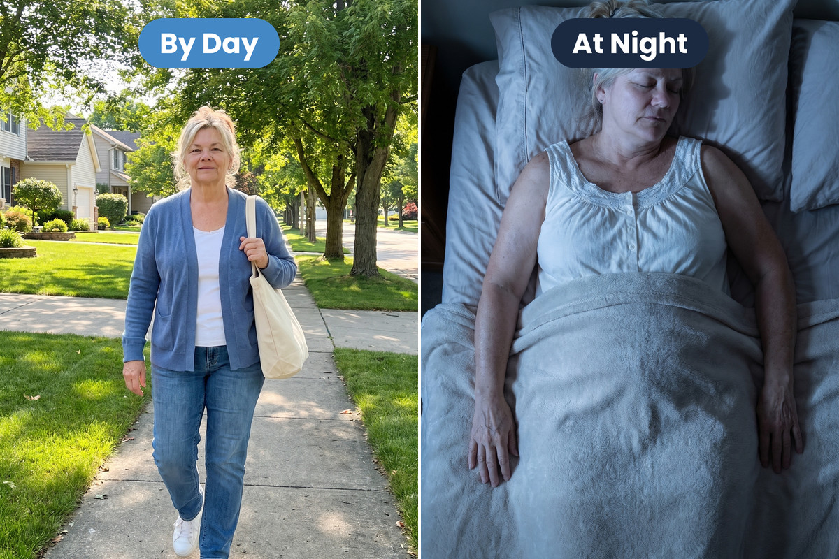 By Day: she walks down a sunny sidewalk. At Night: she lies still in bed.