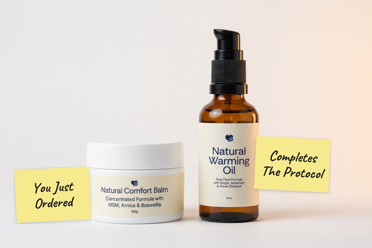 The Natural Comfort Balm jar, You Just Ordered, next to the Natural Warming Oil bottle, Completes The Protocol.