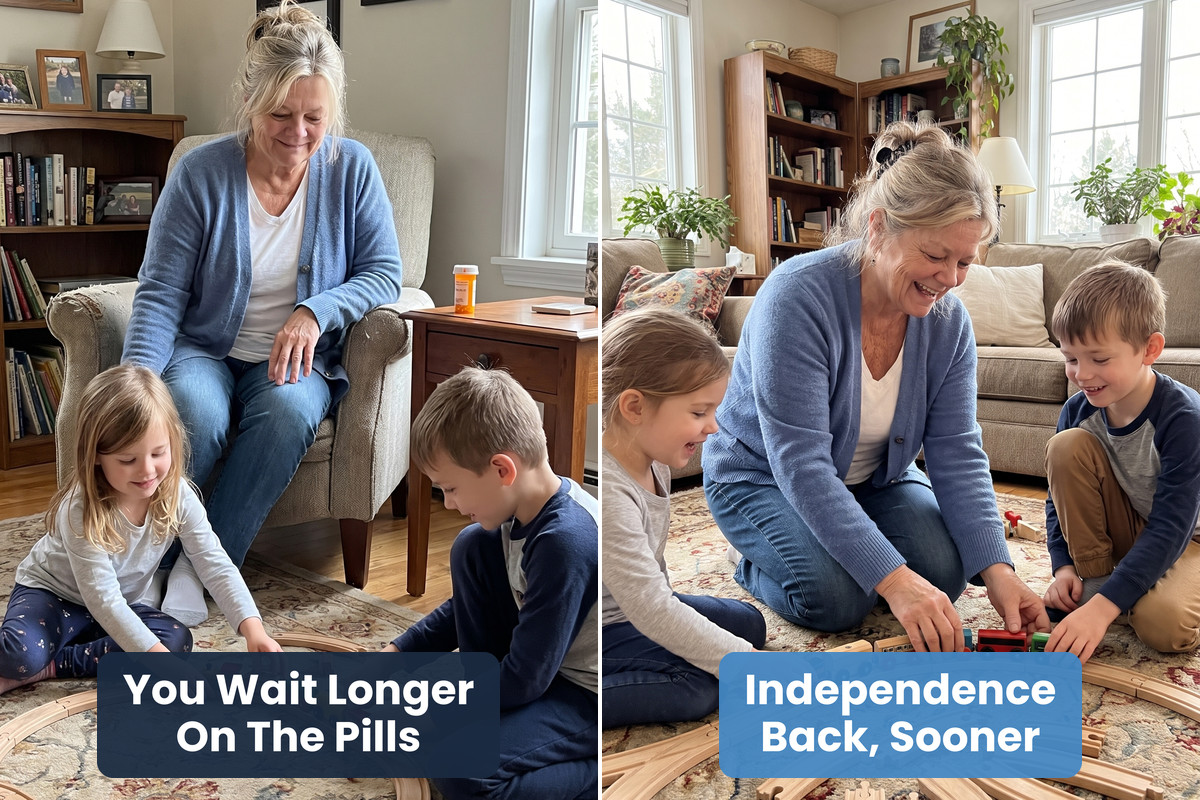 Left: she watches her grandchildren play from an armchair, a pill bottle beside her. Right: she is down on the floor building a train track with them.