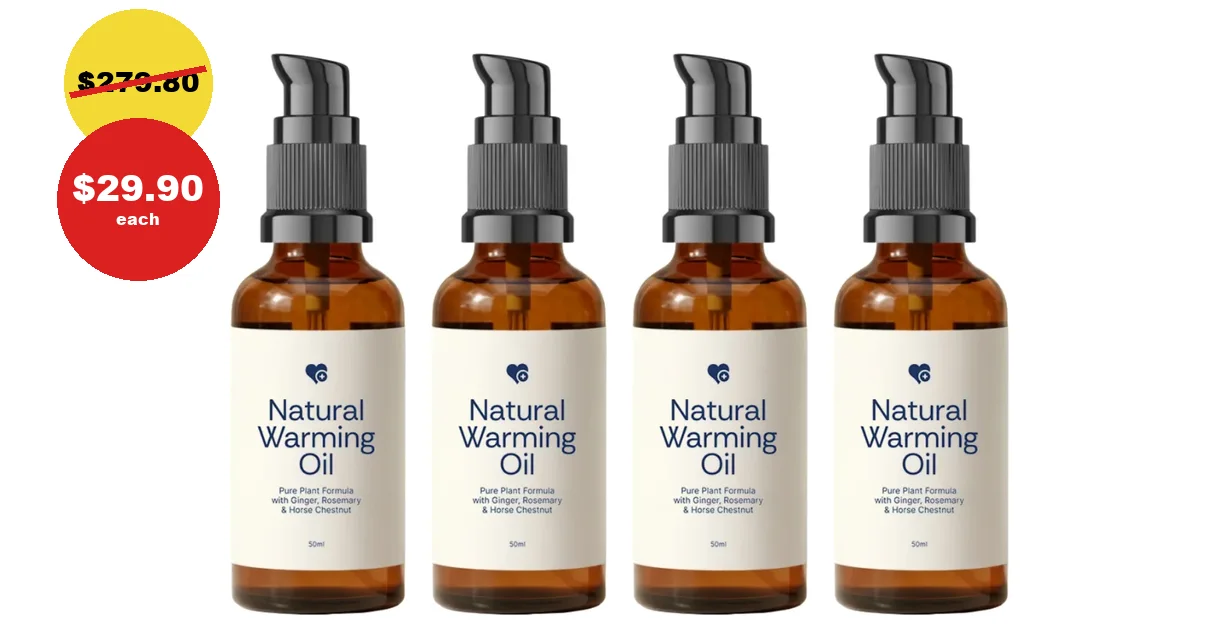 Four bottles of Natural Warming Oil at $29.90 each